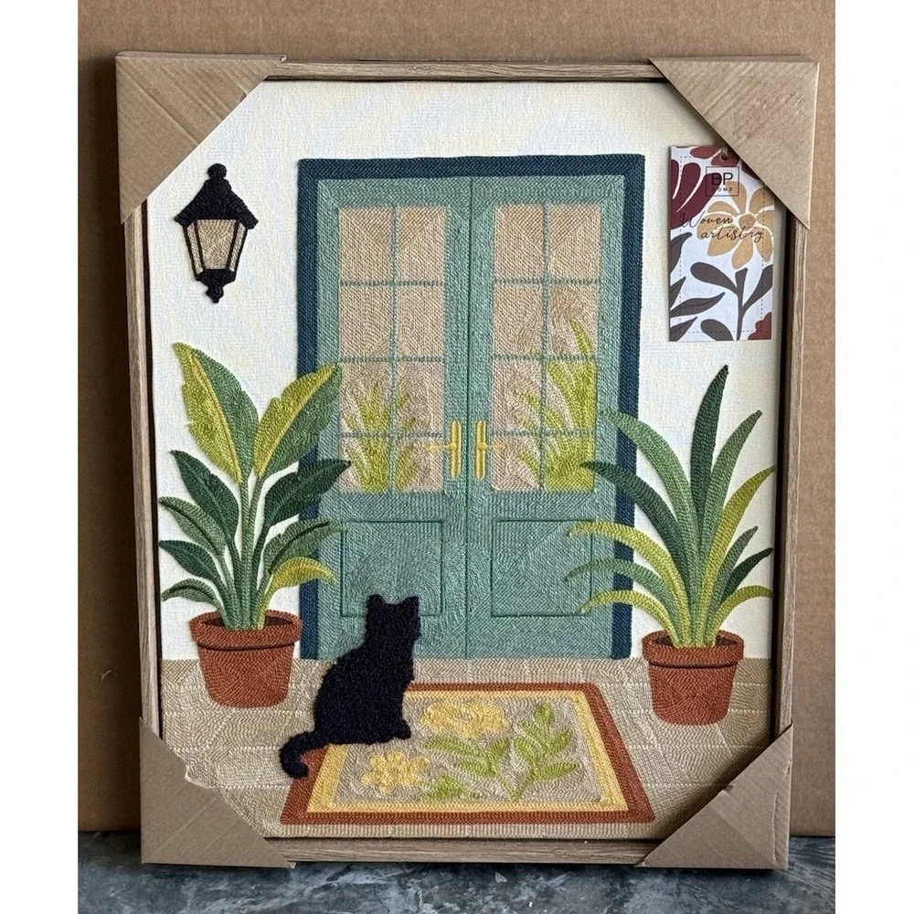 NEW BP Home Woven Embroidery Wall Art Black Cat at Door  NWT 17